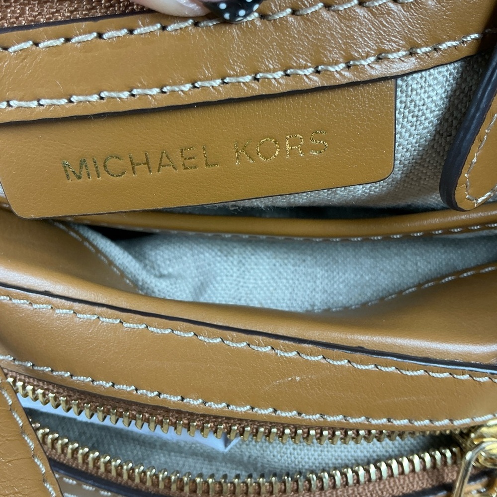 Michael‎ Kors Brooklyn Brown Gold Studded Woven Leather Canvas Shoulder Bag - Picture 9 of 16